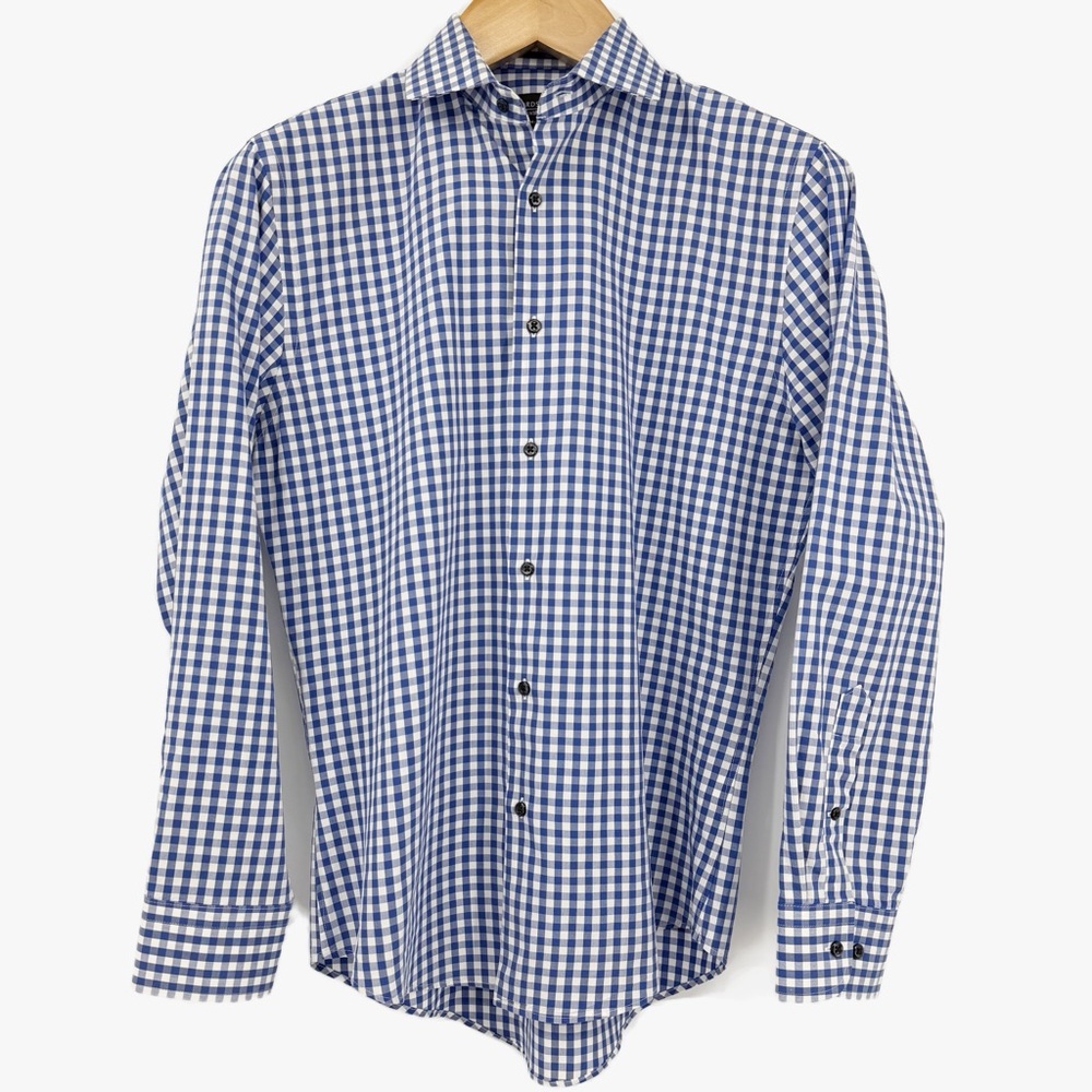 Nordstrom Men’s Shop Tech-Smart Trim Fit Blue Gingham Dress Shirt 15 32/33
